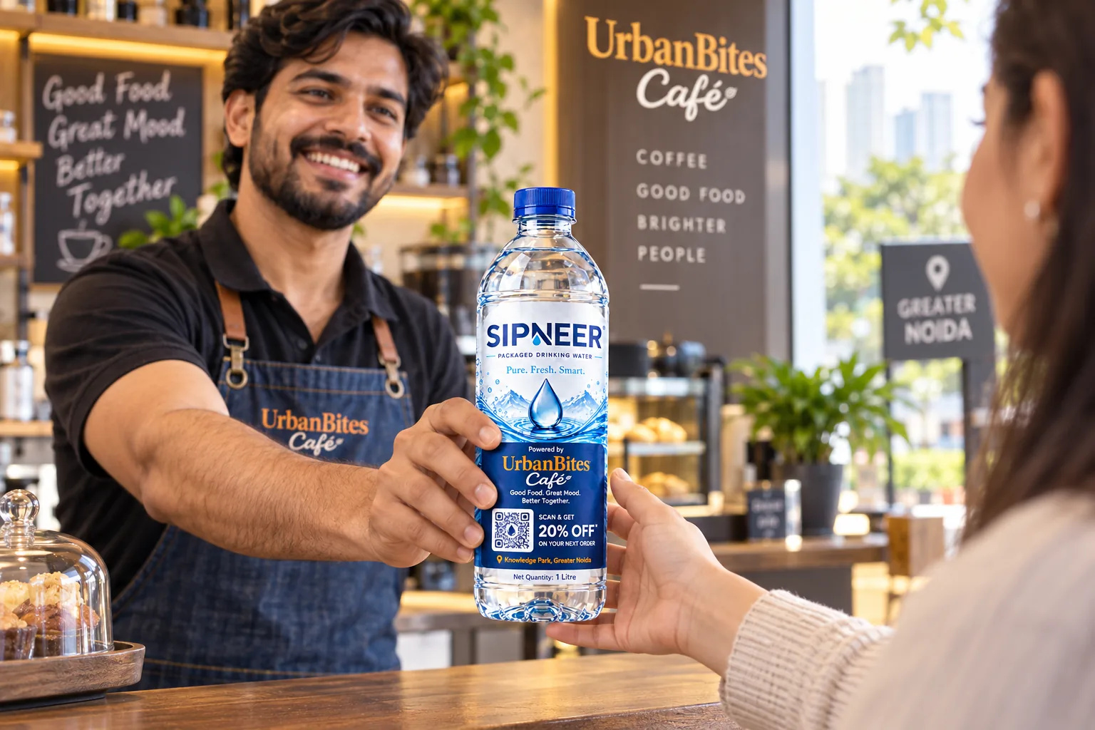 A café owner handing a SIPNEER bottle whose sponsor label changes from a sample café to Your Brand Here